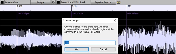 Audio Edit Window with Equalize Tempos message