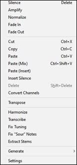 Audio Edit window - Edit button menu