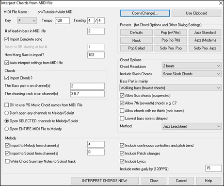 Interpret Chords from MIDI FIle dialog