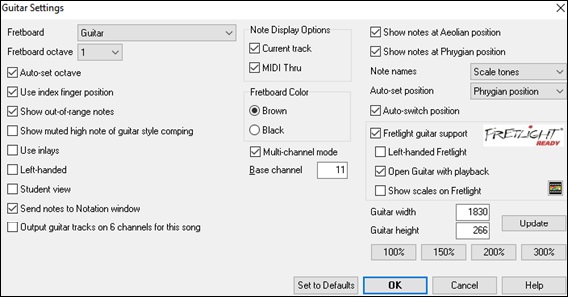 Guitar Settings dialog