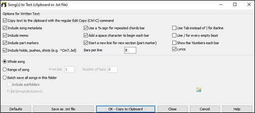 Song(s) to Text (clipboard or .txt file) dialog