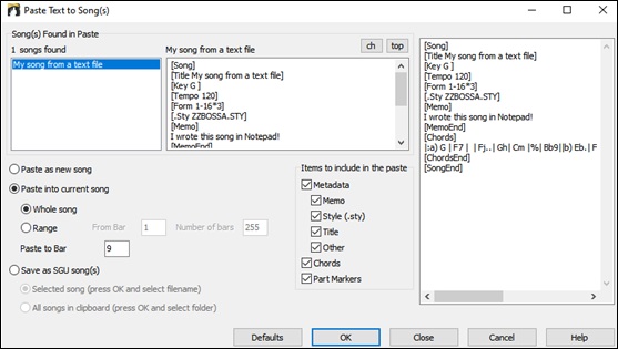 Paste text to Song(s) dialog