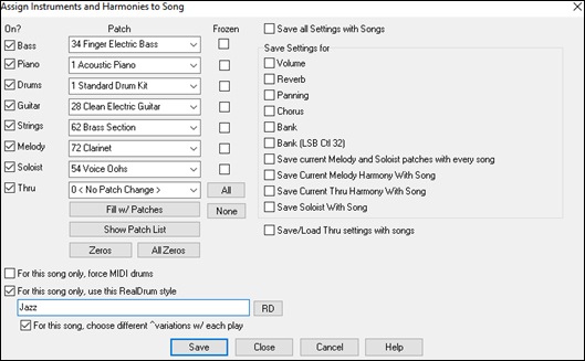 Assign Instruments and Harmonies to Song dialog 