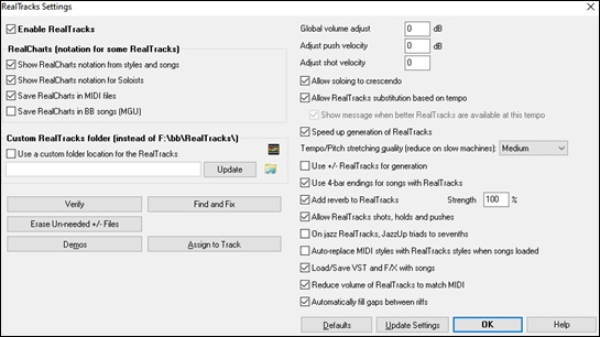 RealTracks Settings dialog