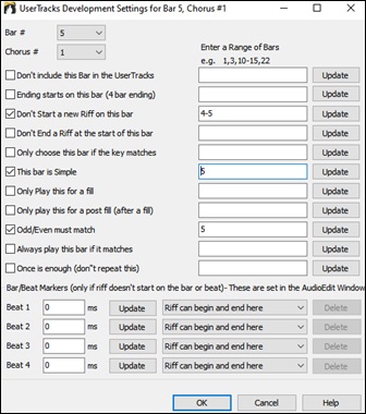 UserTracks Development Settings for Current Bar dialog