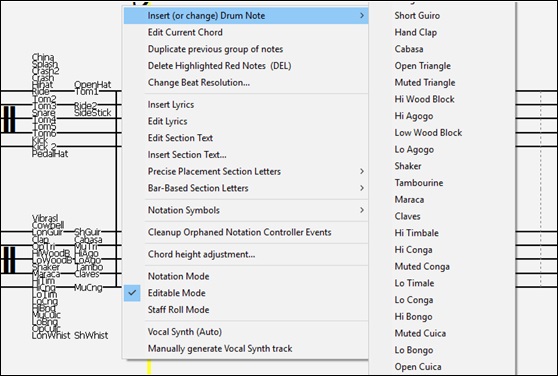 Notation window right-click menu