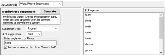 AI Lyrics window - Word/Phrase Suggestions