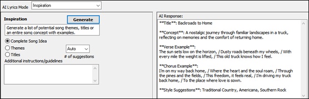 AI Lyrics window - Inspiration